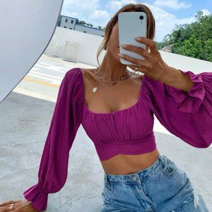 NWOT Square Neck Puffy Sleeved Crop Top with Tie Back